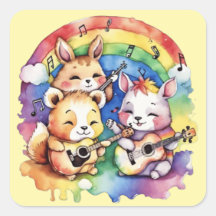 Niedliche Tiere, die im Regenbogen Musik spielen