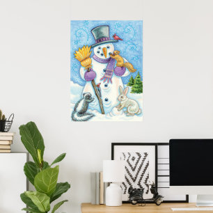Niedliche Tiere Gebäude ein Schneemann zu Weihnach Poster