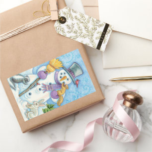 Niedliche Tiere Gebäude ein Schneemann zu Weihnach Rechteckiger Aufkleber