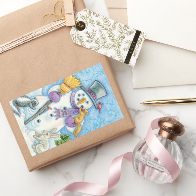 Niedliche Tiere Gebäude ein Schneemann zu Weihnach Rechteckiger Aufkleber (Schenken)