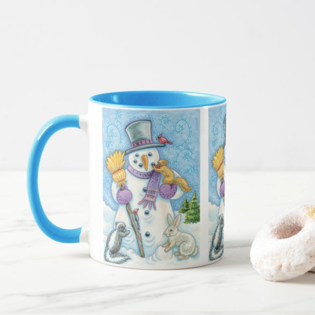 Niedliche Tiere Gebäude ein Schneemann zu Weihnach Tasse (Mit Donut)