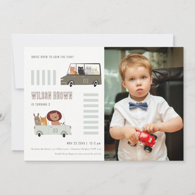 Niedliche Tiere im Foto  Kindergeburtstag Einladung (Vorderseite)