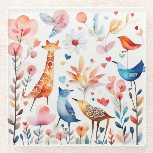 Niedliche Tiere im Garten Glasuntersetzer (Vorderseite)