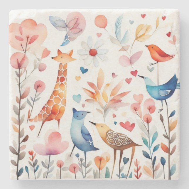 Niedliche Tiere im Garten Steinuntersetzer (Vorderseite)