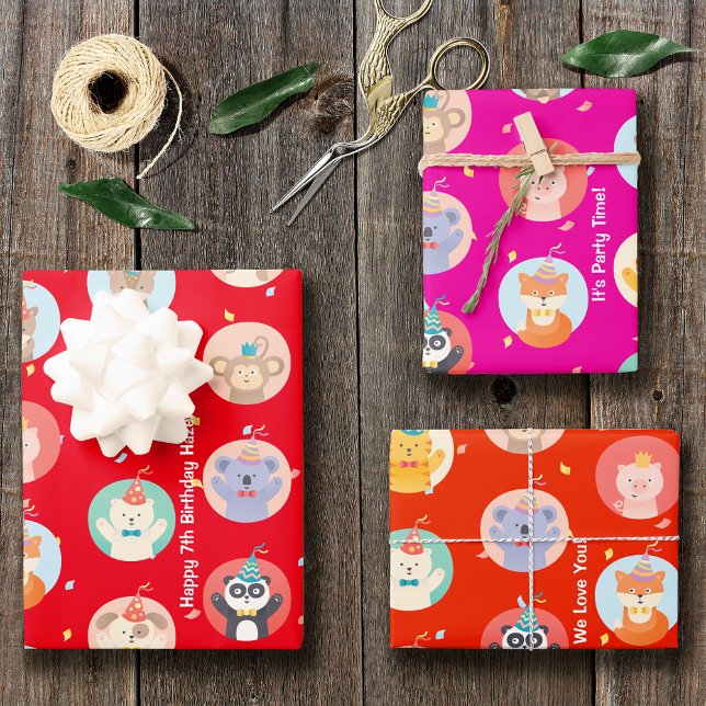 Niedliche Tiere im Party Hats Kinder Roter Glückwu Geschenkpapier Set (Von Creator hochgeladen)