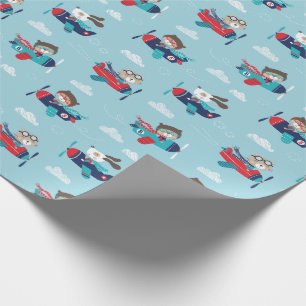 Niedliche Tiere in Flugzeugen auf blauem Wrapping  Geschenkpapier