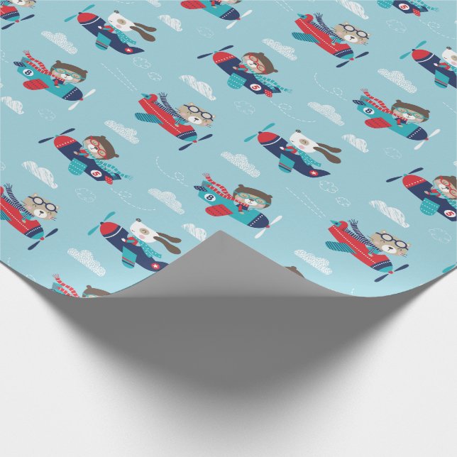 Niedliche Tiere in Flugzeugen auf blauem Wrapping  Geschenkpapier (Ecke)