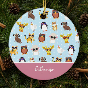Niedliche Tiere in Sonnenbrille mit Namen Weihnach Keramik Ornament