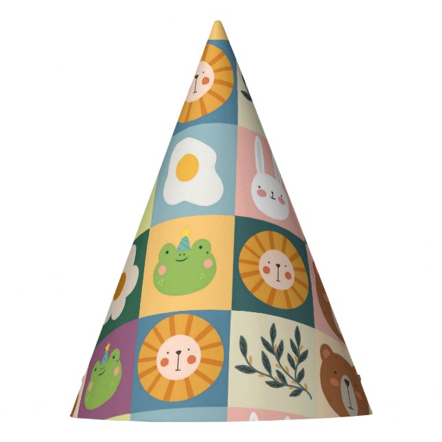 Niedliche Tiere patchwork buntes Party Hut Partyhütchen (Vorderseite)