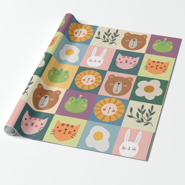 Niedliche Tiere-Patchwork-Wrapping-Papier Geschenkpapier (Ungerollt)