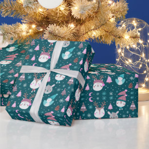 Niedliche Tiere Weihnachtsbaumen Grüne Weihnachten Geschenkpapier