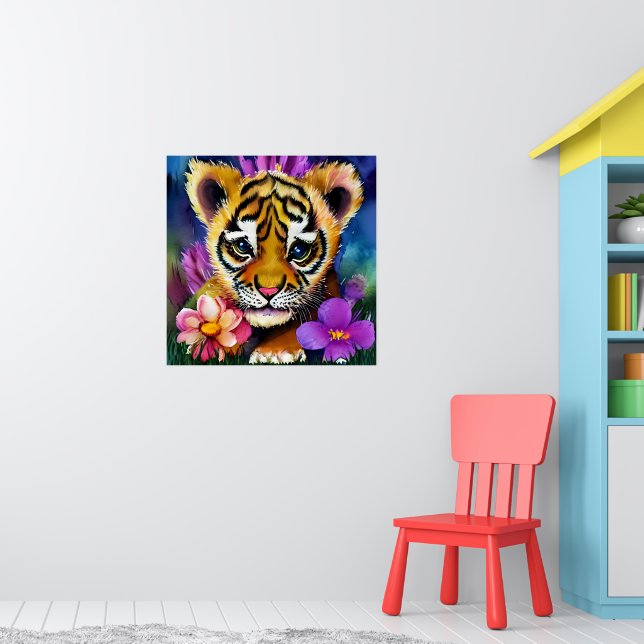 Niedliche Tiger Cube umgeben von Blume Poster (Kinderzimmer 1)