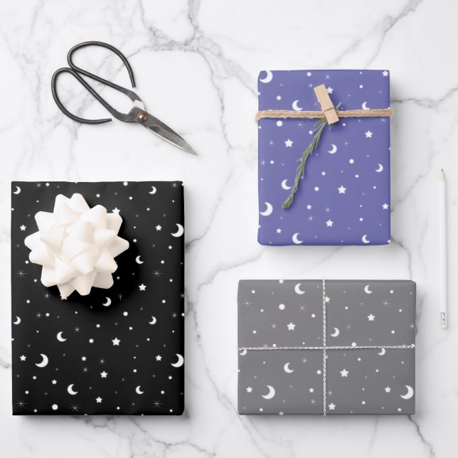 Niedliche Tiny Moons und Stars Geschenkpapier Set (Vorderseite)
