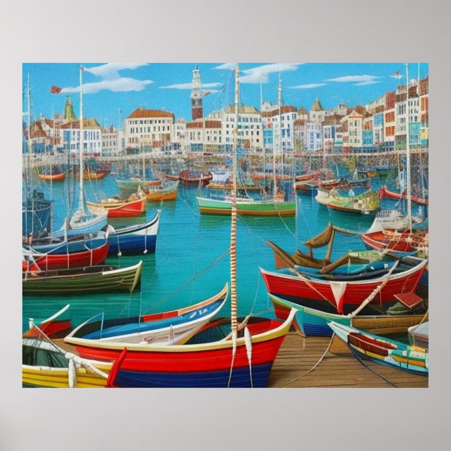 Niedliche Touristenstadt Moderne Hafenfantasie Poster (Vorne)