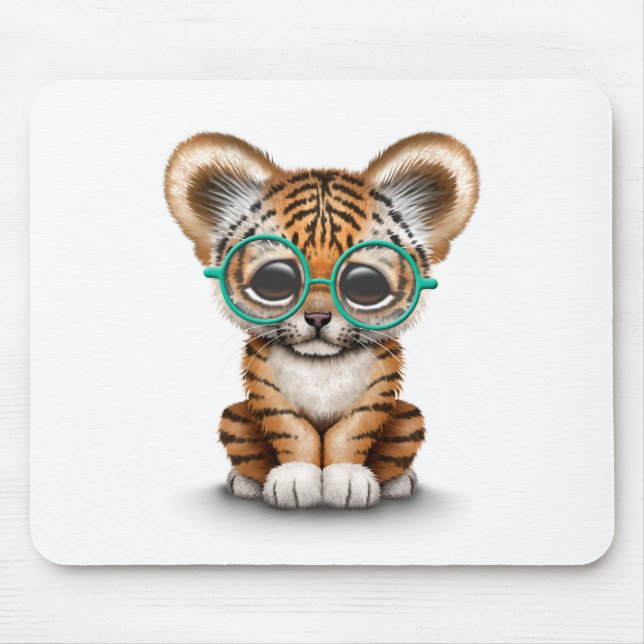 Niedliche tragende Gläser Baby-Tiger-CUBs auf Weiß Mousepad (Vorne)