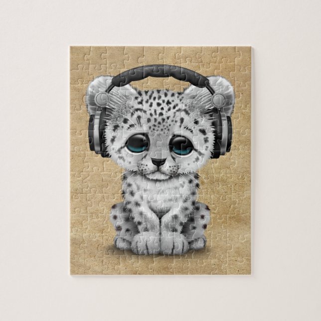 Niedliche tragende Kopfhörer Schneeleopard CUBs DJ Puzzle (Vertikal)