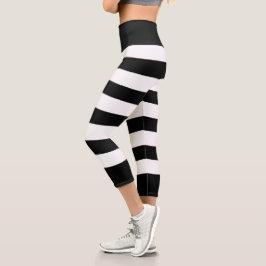 Niedliche, trendige Schwarz-Weiß Streifen Capri Leggings