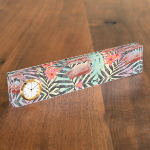 Niedliche trendige tropische Flamingos-Blumenfarbe Namensplakette