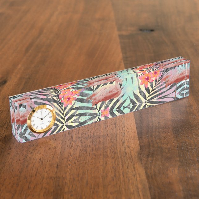 Niedliche trendige tropische Flamingos-Blumenfarbe Namensplakette (Seite)