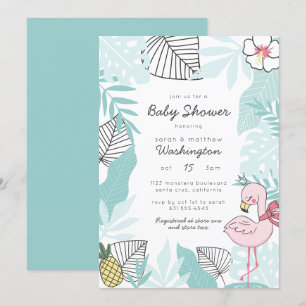 Niedliche tropische Blätter Flamingo Baby Shower Einladung