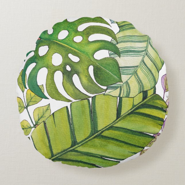 Niedliche tropische Blätter in Aquarellen Rundes Kissen (Vorderseite)