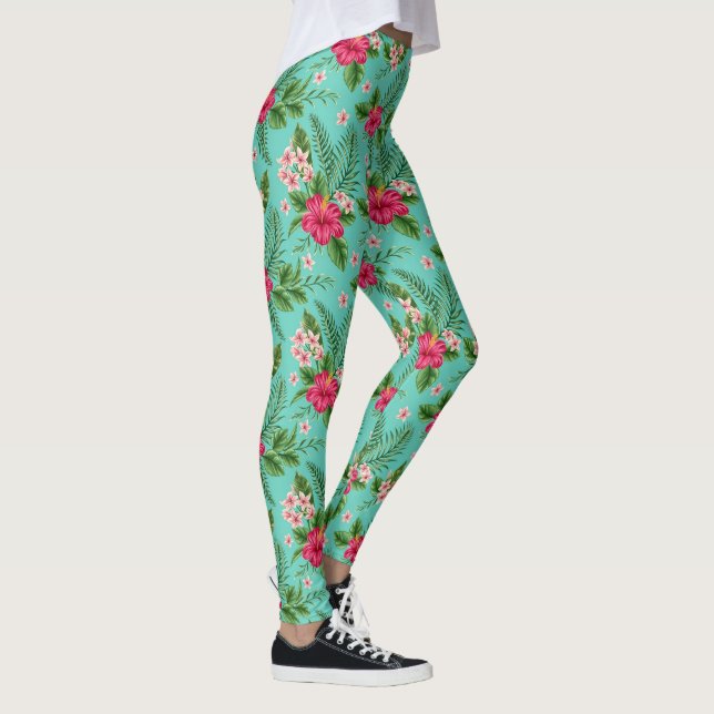 Niedliche tropische Sommer-Blume auf Türkis Leggings (Rechts)