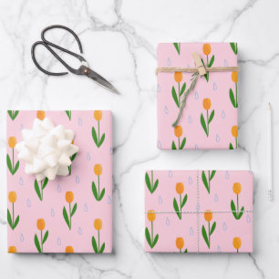 Niedliche Tulip-Blume mit Raindrop-Muster Geschenkpapier Set