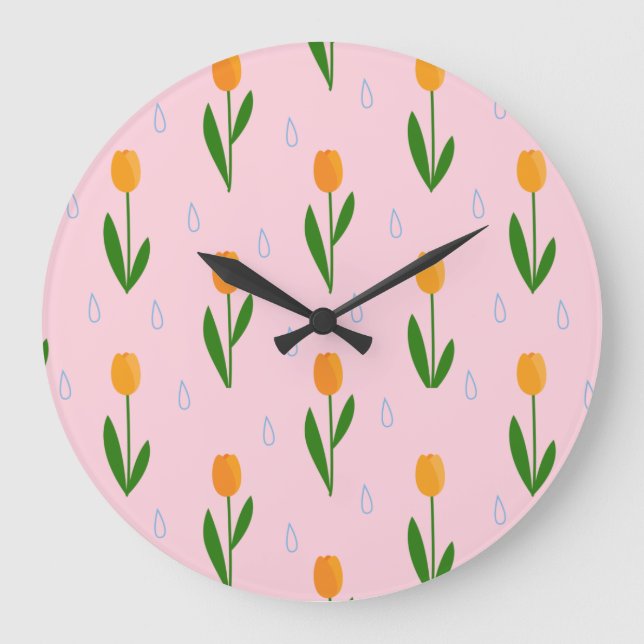 Niedliche Tulip-Blume mit Raindrop-Muster Große Wanduhr (Vorderseite)