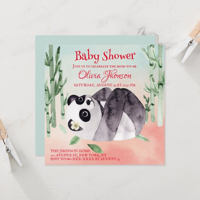 Niedliche Tumbling Panda Gender Baby Dusche Einlad Karte (Vorderseite/Rückseite Beispiel)