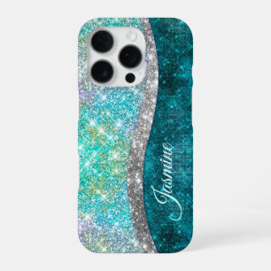 Niedliche türkisfarbene Imitate Glitzer Monogramm iPhone 16 Pro Hülle