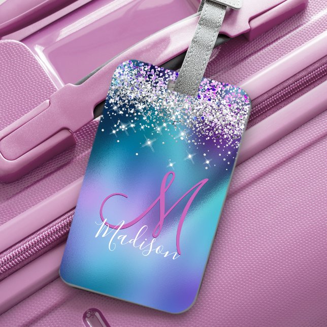 Niedliche türkisfarbene lila Imitate Glitzer Monog Gepäckanhänger (Von Creator hochgeladen)