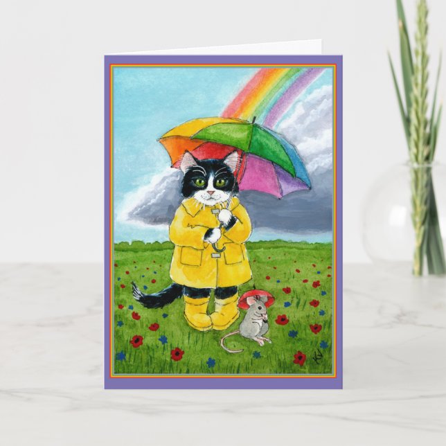 Niedliche Tuxedo-Katze, Maus, Regenbogenschirm Geb Karte (Vorderseite)