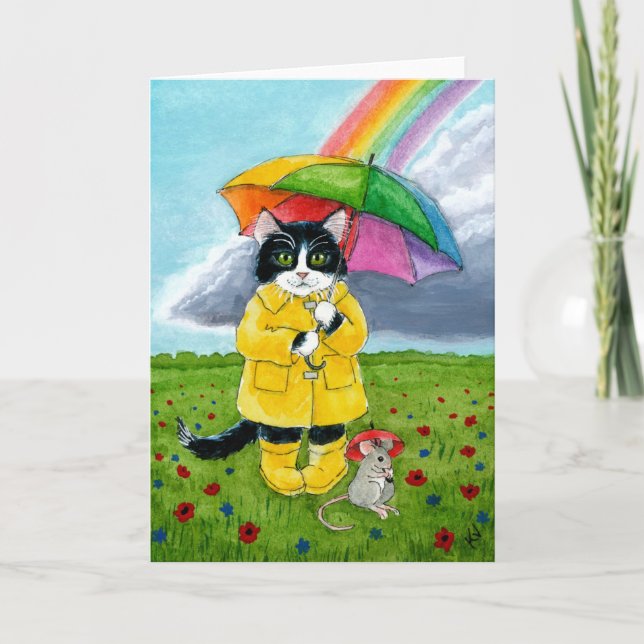 Niedliche Tuxedo-Katze, Maus, Regenbogenschirm Karte (Vorderseite)