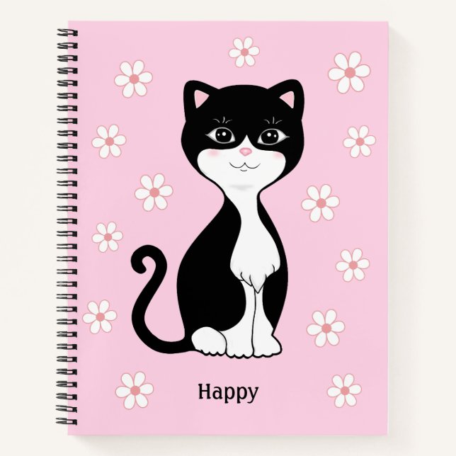 Niedliche Tuxedo Katze und Blume auf hellrosa Notizbuch (Vorderseite)