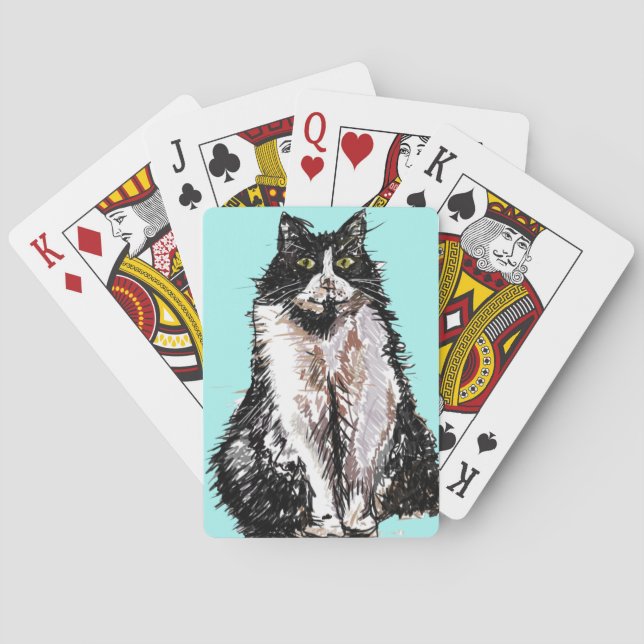 Niedliche Tuxedo Katze Wasserfarben Set Spielkarten (Rückseite)