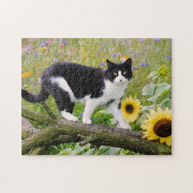 Niedliche Tuxedokatze auf einem Baumzweig mit Sonn Puzzle (Horizontal)