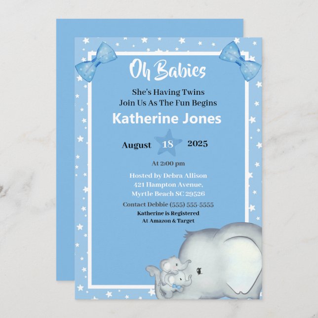 Niedliche Twin Boys Elephant Baby Shower Einladung (Vorne/Hinten)