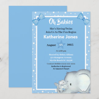 Niedliche Twin Boys Elephant Baby Shower Einladung