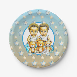 Niedliche Twins farbige Baby Boys Baby Shower Leck Pappteller