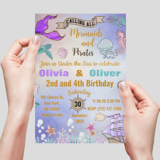 Niedliche Twins Mermaids und Pirates Birthday Part Einladung