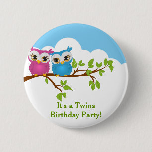 Niedliche Twins Owls auf der Bral Girl Boy Birthda Button