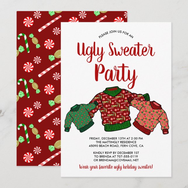 Niedliche Ugly Sweater Winter Candy Cane Holiday P Einladung (Vorne/Hinten)