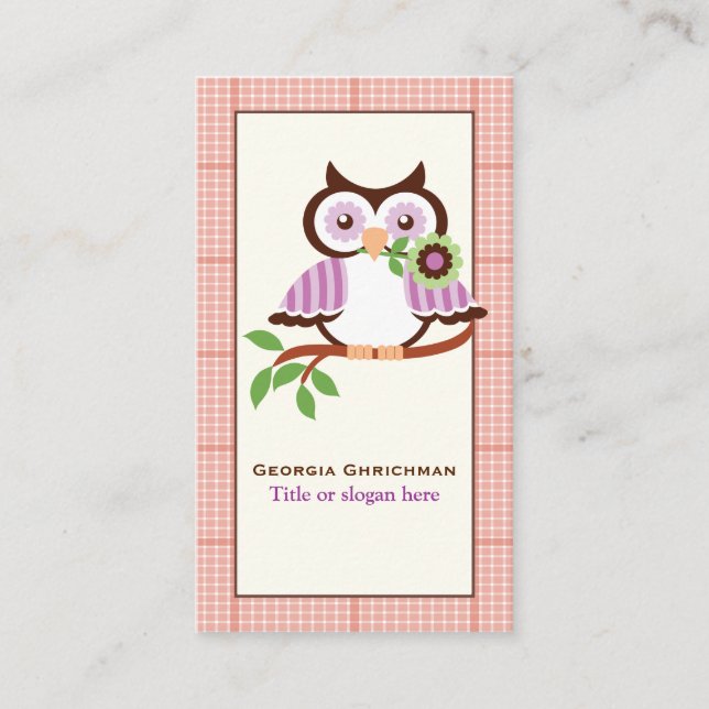 Niedliche Uhu am Ast, karierte orangefarbene Grenz Visitenkarte (Vorderseite)