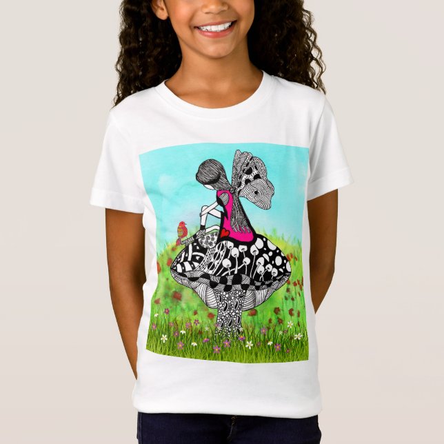 Niedliche und farbenfrohe Engel Girl on a Mushroom T-Shirt (Vorderseite)