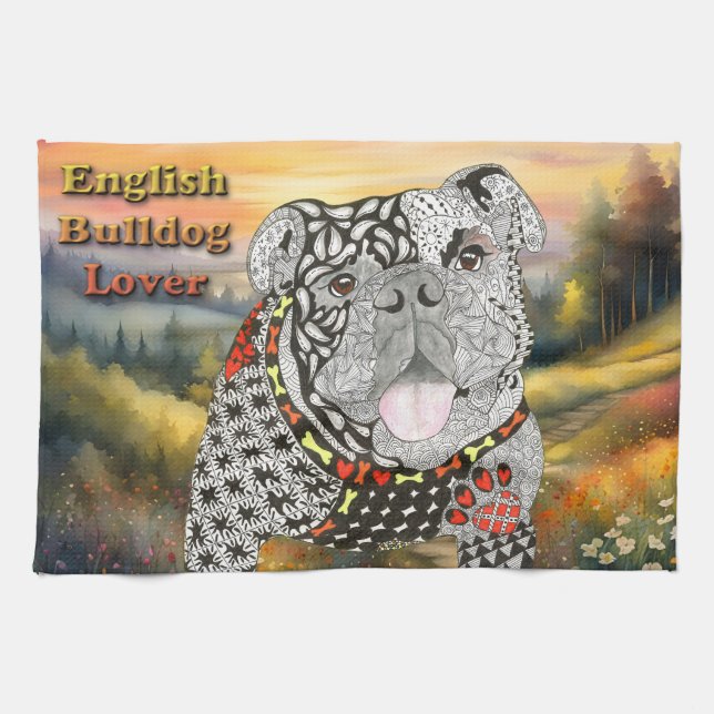 Niedliche und farbenfrohe englische Bulldog Küche  Geschirrtuch (Horizontal)
