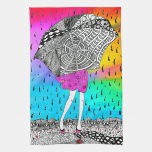 Niedliche und farbenfrohe Girl in der Rain Kitchen Geschirrtuch
