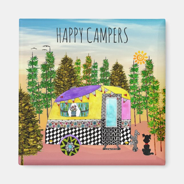 Niedliche und farbenfrohe Happy Camper Magnet (Vorne)