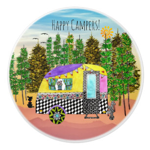 Niedliche und farbenfrohe Happy Campers Keramikknauf
