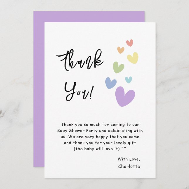 Niedliche und farbenfrohe Herz-Baby-Dusche Dankeskarte (Vorne/Hinten)