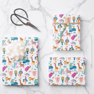Niedliche und farbenfrohe Jungtiermuster Geschenkpapier Set